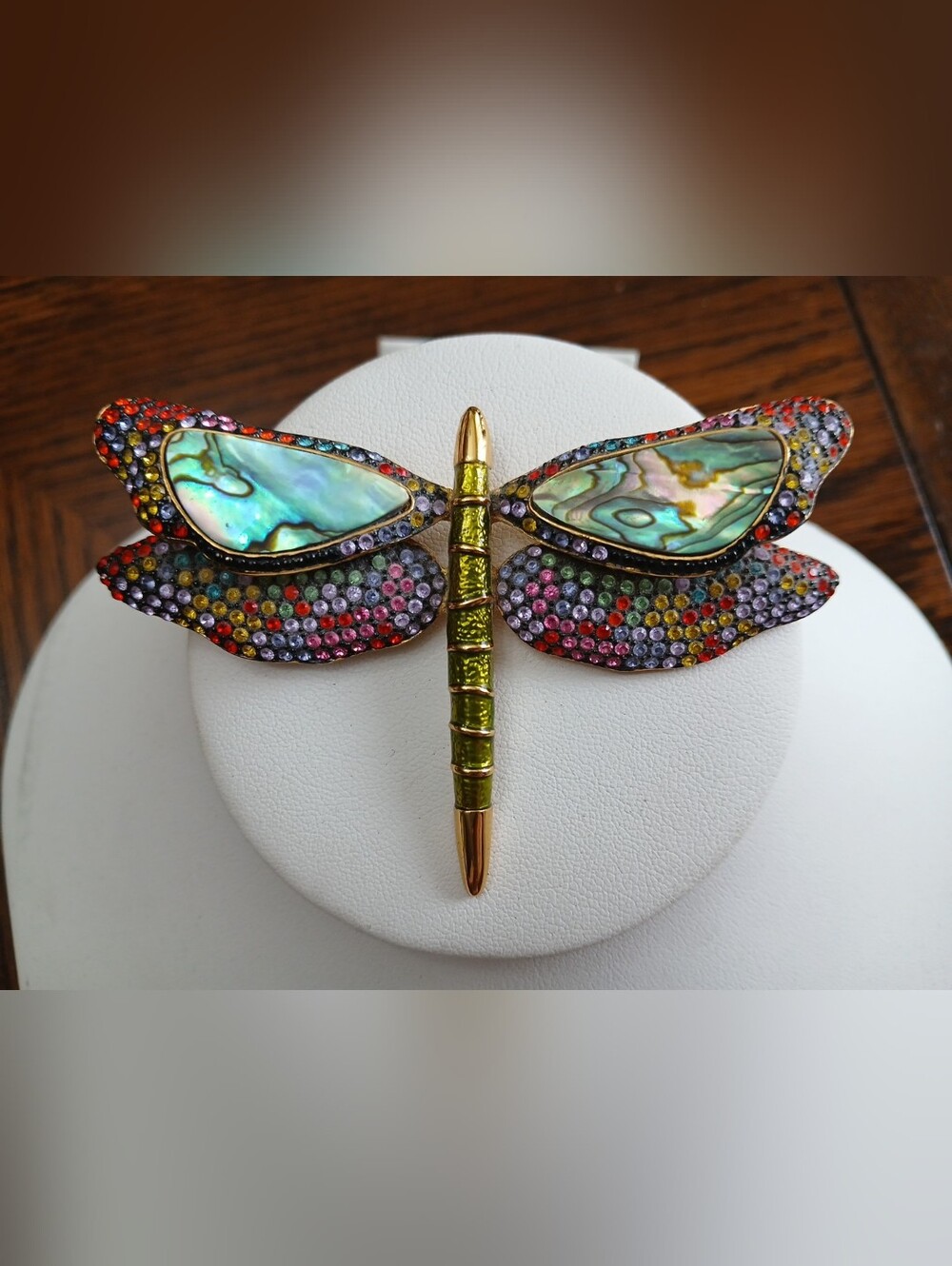Vtg Joan Rivers Large Multicolored Rhinestone Abolone Winged Dragonfly Brooch